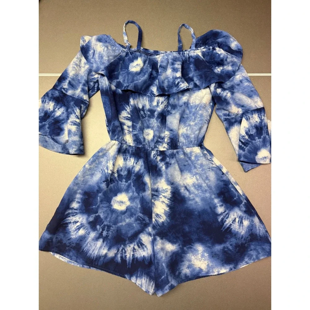 IZ Girl Blue Tie Dye Cold Shoulder Romper Bell Sleeve Girls Size M 10-12
